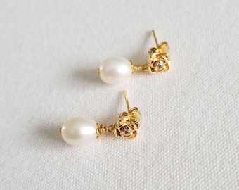Small Pearl Drop Gold Bridal Earrings, Freshwater Pearl Earrings For Bride, Floral Rose Bud Pearl Wedding Earrings