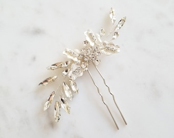 Silver Wedding Hair Pin, Floral Gold Bridal Hair Pin, Crystal Leaf Wedding Hair Pin