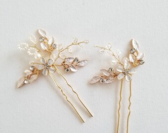 Wedding Hair Pins, Bridal Pearl Hair Pins, Crystal Pearl Hair Pins For Bride, Floral Bridal Hair Pin Set