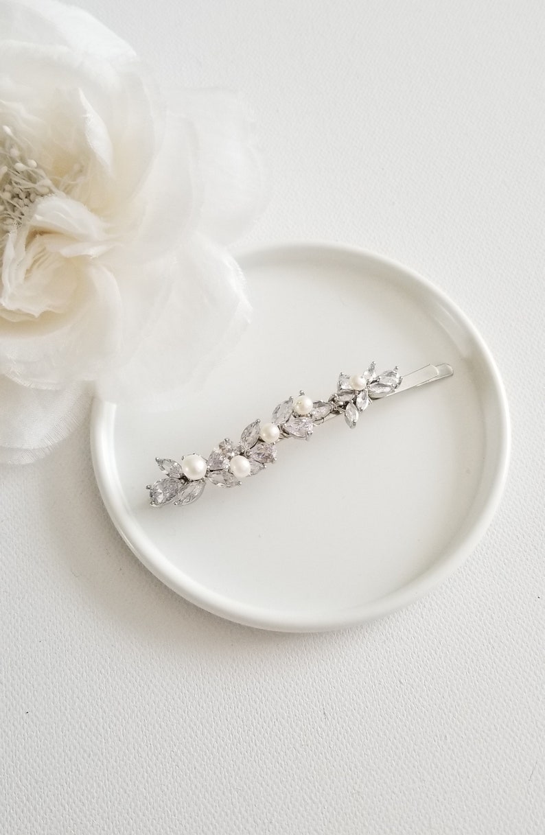 Wedding Hair Clip with Pearls, Wedding Hair Accessory, CZ Bridal Hair Clip, CZ Freshwater Pearl Wedding Bobby Pin image 9