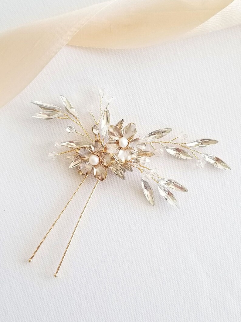 Floral Wedding Hair Pin, Gold Crystal Hair Pin For Bride, Wedding Pearl and Crystal Gold Hair Pin image 7