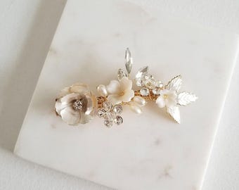 Small Wedding Hair Clip, Gold Polymer Clay Crystal Pearl Headpiece For Bride
