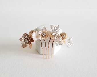 Floral Wedding Hair Comb, Polymer Clay Flower, Gold Flower Headpiece For Bride