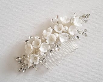 Bridal Hair Comb with Porcelain Flowers, Pearls and Crystals,  Porcelain Flower Wedding Headpiece for Veil,