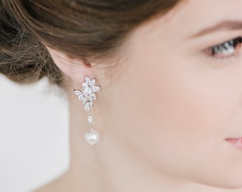 Long Pearl Wedding Earrings, Pearl Drop Bridal earrings, Pearl Earrings for Bride