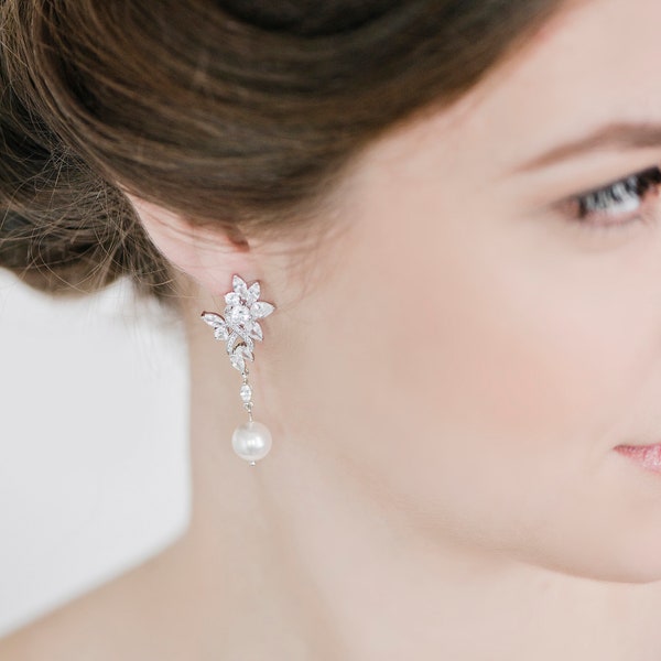 Long Pearl Wedding Earrings, Pearl Drop Bridal earrings, Pearl Earrings for Bride