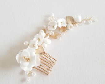 Porcelain Flower Bridal Hair Comb with Pearls, Wedding Ceramic Floral Hairpiece