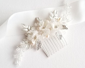 Bridal Floral Comb,  Floral Silk Flower Crystal Wedding Hair Comb, Silver Pearl Wedding Hair Comb