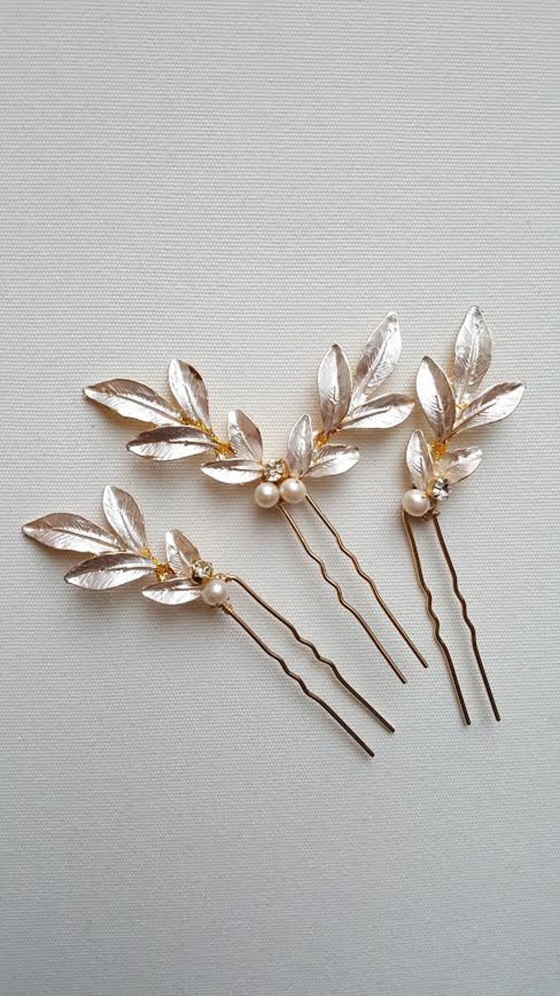 Wedding Hair Pins Gold Leaf, Gold Hair Pins, Bridal Hair Pins, Olive Branch Hair Pins, Silver Leaf Hair Pins image 3