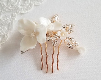 Gold Wedding Hair Comb Polymer Flowers, Gold Floral Wedding Hair Comb, Clay Flower Bridal Hair Comb