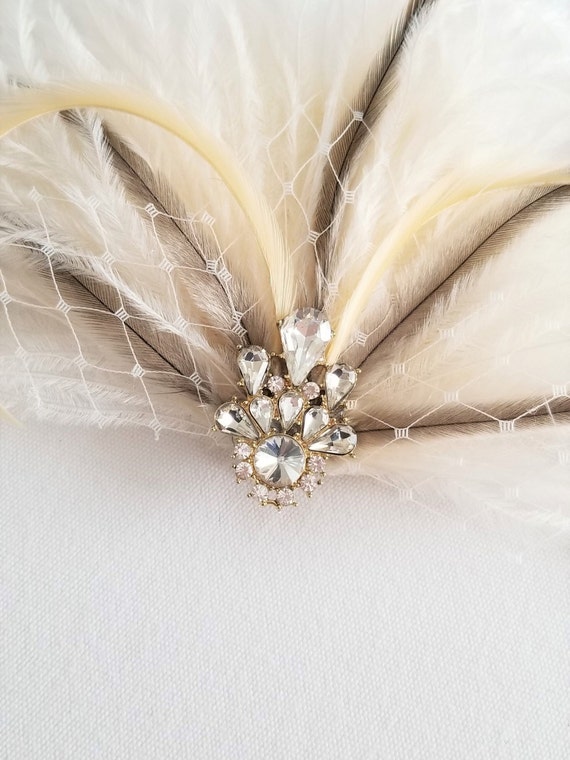 Feather hairpiece with jewel white & cream colored feathers Unique White Lemon Silver Feather Fascinator: UK Handmade  main image 3
