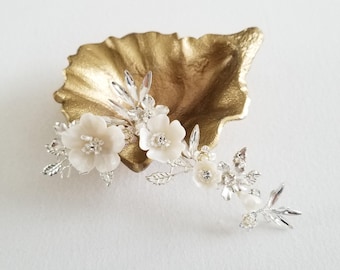 Floral Bridal Hair Vine, Polymer Clay Flower Headpiece, Silver Rhinestone Accessory For Bride