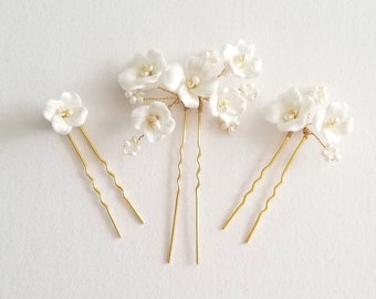 Floral Wedding Hair Pins with Porcelain Flowers, Floral Bridal Hair Pins, Freshwater Pearl Flower Hair Pins