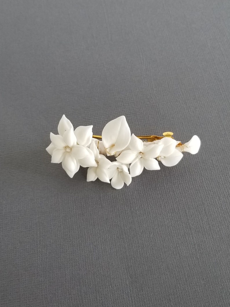 Clip de pelo de boda flores de porcelana, barrette de pelo de boda floral pequeño, clip de pelo nupcial de flor de arcilla imagen 7