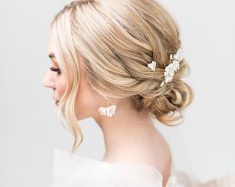 Floral Bridal Earrings, Porcelain Flower Wedding Earrings, Freshwater Pearl Drop Gold Earrings, Earrings For Bride