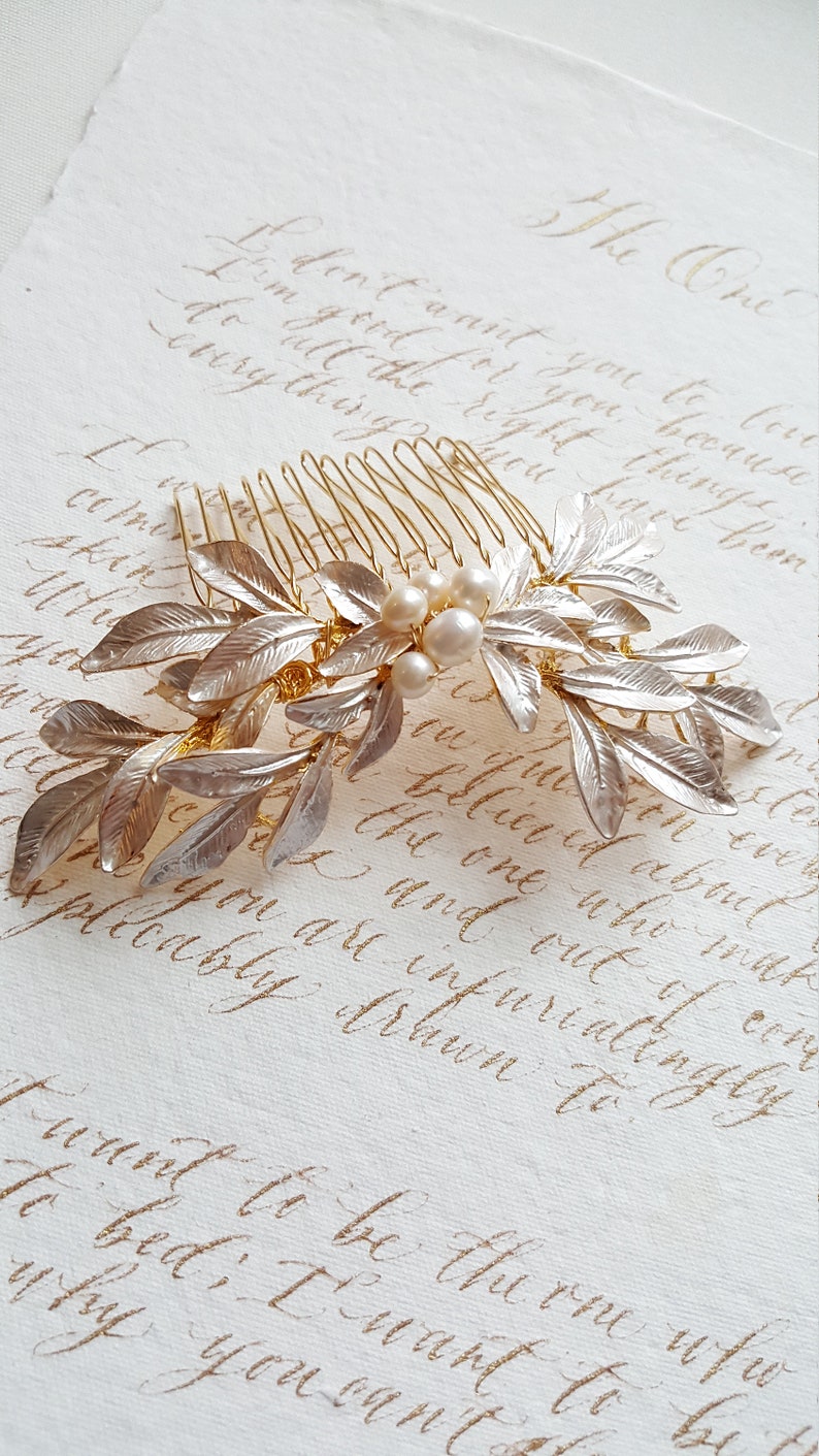 Gold Leaf Hair Comb, Bridal Hair Comb, Gold Wedding Headpiece, Silver Pearl Hair Comb, Olive Branch Hair Comb image 5