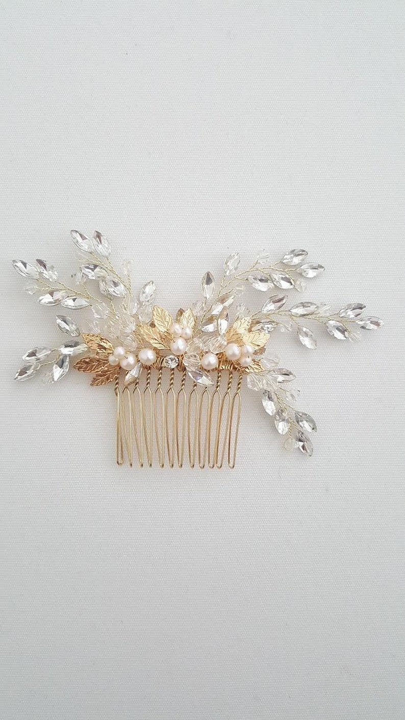 Bridal Hair Comb Freshwater Pearl, Gold Crystal Wedding Hair Comb, Silver Crystal Hair Comb, Wedding Headpiece, Gold Leaf Hairpiece image 5