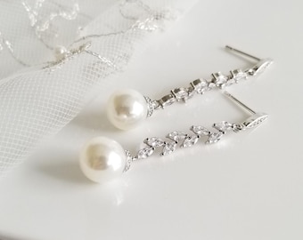 Pearl Drop Bridal Earrings, Cubic Zirconia Earrings For Bride, Pearl Wedding Jewelry