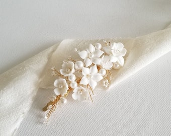 Wedding Hair Clip with Porcelain Flowers, Floral Bridal Hair Clip, Flower Clip For Bride, Boho Bridal Hair Accessory