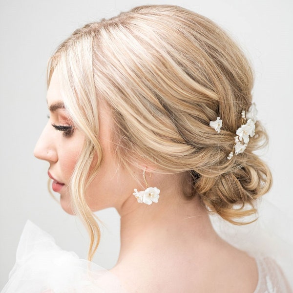 Floral Bridal Earrings, Porcelain Flower Wedding Earrings, Freshwater Pearl Drop Gold Earrings, Earrings For Bride