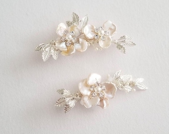 Floral Wedding Hair Clip Freshwater Pearl, Bridal Hair Clip for Bride, Gold Flower Pearl Crystal Hairpiece, Silver Pearl Hair Clip