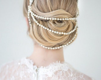 Bridal Pearl Headpiece, Three Strand Pearl Back Piece For Bride, Wedding Back Draped Headpiece, Pearl Hair Combs