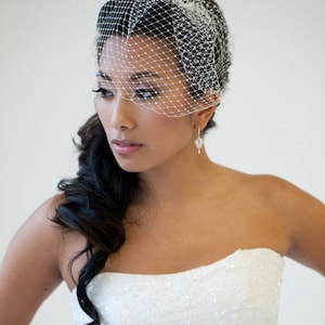 May include: A bride with long dark hair styled in a side braid, wearing a white strapless wedding dress and a white birdcage veil.