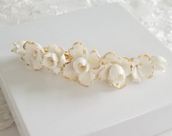 Wedding Hair Clip Porcelain Flowers, Gold Floral Wedding Hair Barrette, Clay Flower Bridal Hair Clip