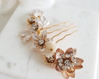 Gold Floral Wedding Hair Clip for Bride, Polymer Clay Flower, Crystal Headpiece