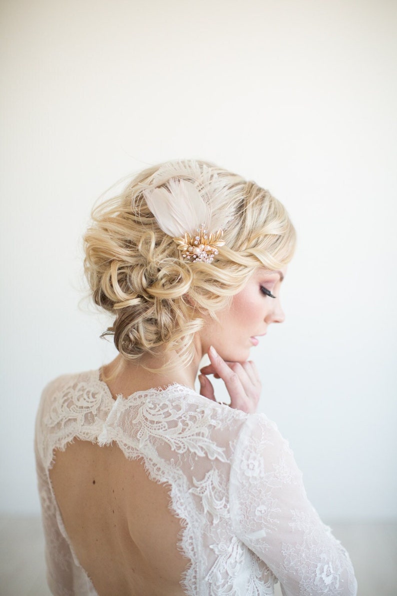Bridal Gold Blush Pink Feather Headpiece, Champagne Wedding Feather Fascinator, Wedding Feather Hairpiece image 1
