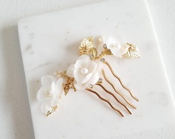 Silk Flower Freshwater Pearl Bridal Hair Comb, Gold Floral Wedding Hair Accessory