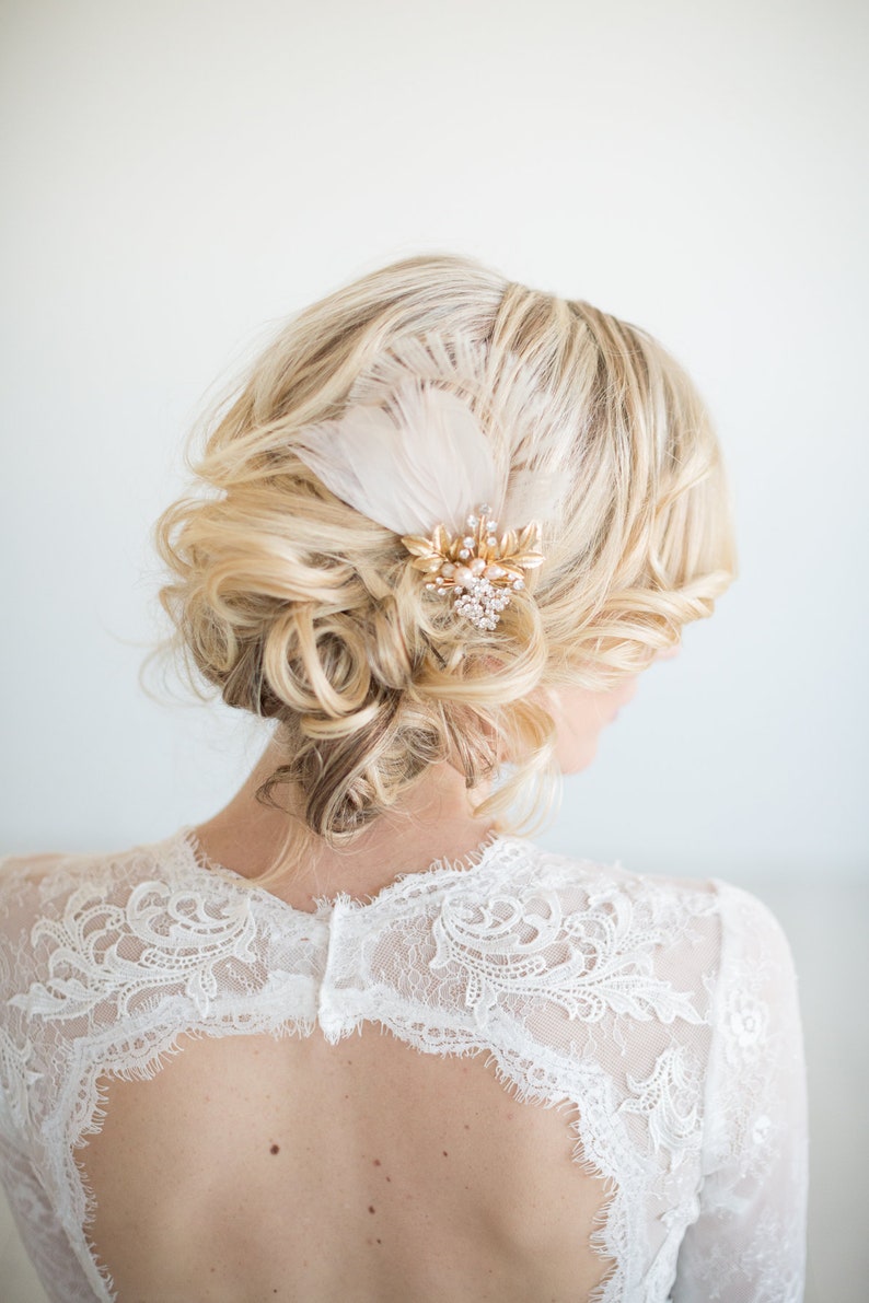Bridal Gold Blush Pink Feather Headpiece, Champagne Wedding Feather Fascinator, Wedding Feather Hairpiece image 7
