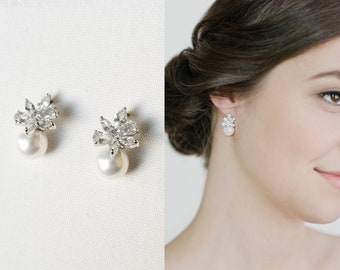 Wedding CZ Pearl Earrings, Pearl Bridal Earrings, Pearl wedding Jewelry, Earrings for Bride, Pearl Stud Earrings