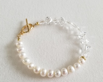 Natural Freshwater Pearl Bracelet, Gold Pearl with Crystals, Wedding Jewelry