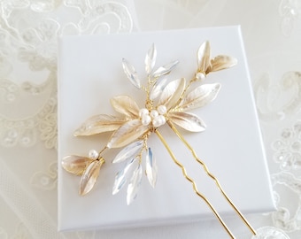Gold Leaf Wedding Hair Pin, Silver Freshwater Pearl Crystal Bridal Hair Pin