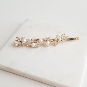 Cubic zirconia bobby pin with freshwater pearls for bride. Available in silver, gold and rose gold.