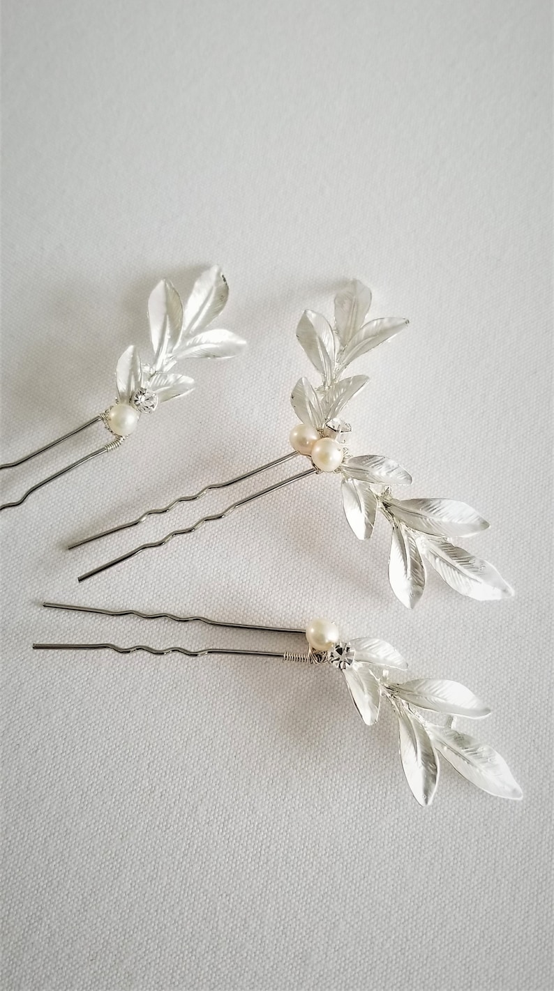 Wedding Hair Pins Gold Leaf, Gold Hair Pins, Bridal Hair Pins, Olive Branch Hair Pins, Silver Leaf Hair Pins image 7