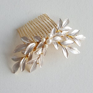 Gold Leaf Hair Comb, Bridal Hair Comb, Gold Wedding Headpiece, Silver Pearl Hair Comb, Olive Branch Hair Comb image 6