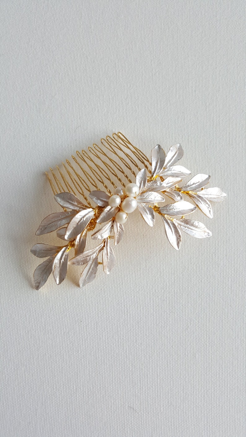 Gold Leaf Hair Comb, Bridal Hair Comb, Gold Wedding Headpiece, Silver Pearl Hair Comb, Olive Branch Hair Comb image 6