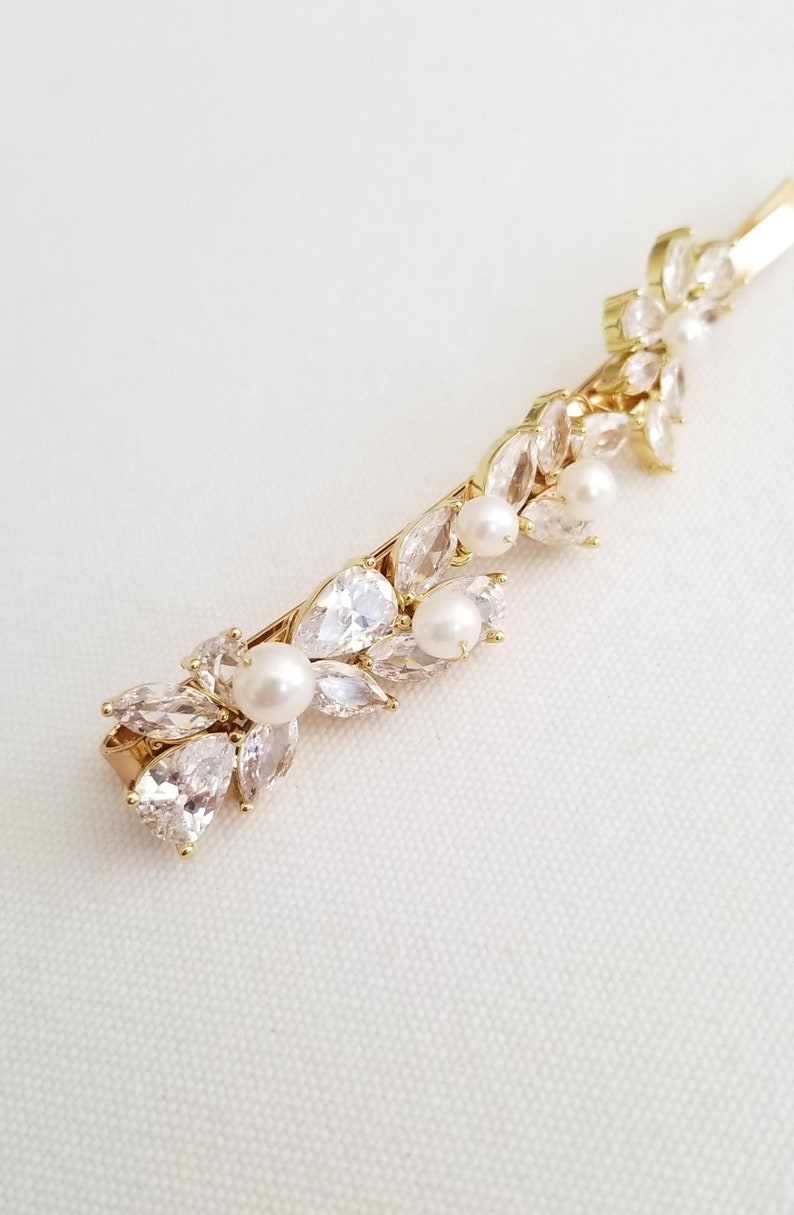 Wedding Hair Clip with Pearls, Wedding Hair Accessory, CZ Bridal Hair Clip, CZ Freshwater Pearl Wedding Bobby Pin image 7