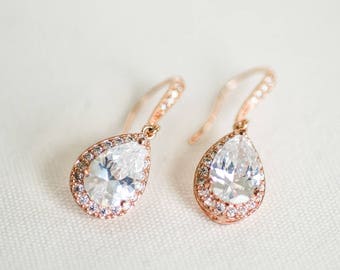 Cubic Zirconia Drop Bridal Earrings, CZ Pendant Style Wedding Earrings for Pierced Ears, Earrings for Bride
