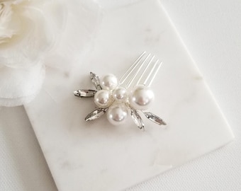 Pearl Mini Comb with Crystals for Bride,  White Pearl Cluster Wedding Minimalist Hair Accessory