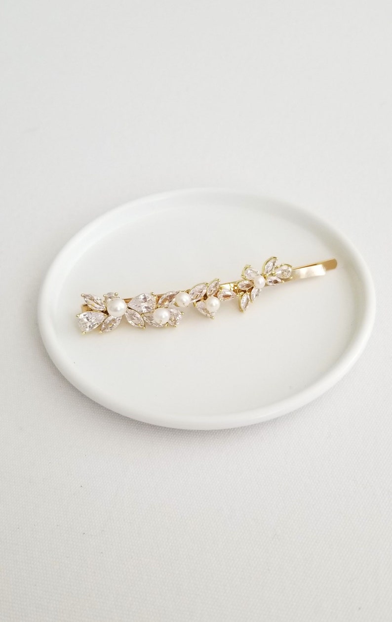 Wedding Hair Clip with Pearls, Wedding Hair Accessory, CZ Bridal Hair Clip, CZ Freshwater Pearl Wedding Bobby Pin image 8