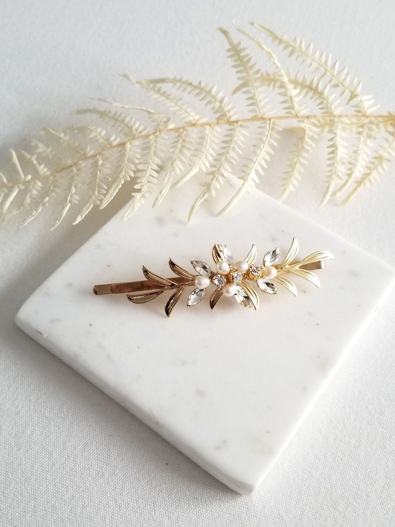 Gold Leaf Wedding Hair Clip with Pearls, Small Wedding Hair Accessory, CZ Bridal Side Hair Clip, CZ Freshwater Pearl Wedding Bobby Pin image 2