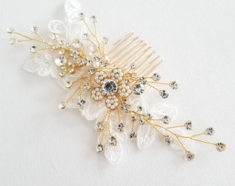 Gold Bridal Hair Comb, Lace, Crystal, Pearl Wedding Hair Accessory