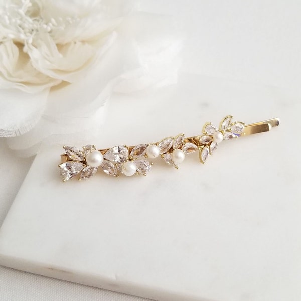 Wedding Hair Clip with Pearls, Wedding Hair Accessory, CZ Bridal Hair Clip, CZ Freshwater Pearl Wedding Bobby Pin