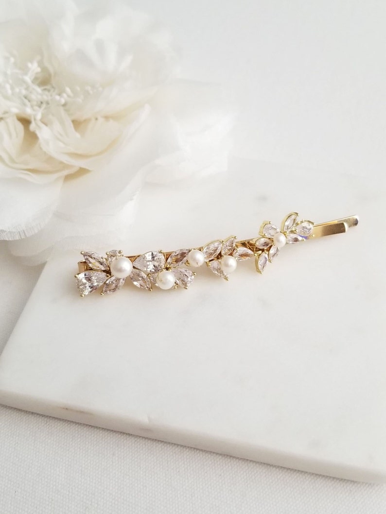 Freshwater pearl and cubic zirconia bobby pin for bride. Silver, Gold or Rose gold hair pin.