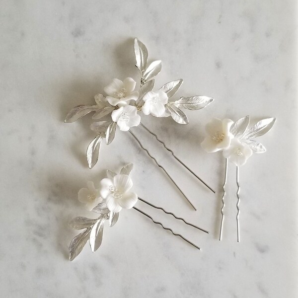 Bridal Porcelain Flower Hair Pins, Clay Flower Wedding Hair Pins with Silver Leaves, Hair Pins For The Bride