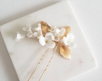 Floral Wedding Hair Pin with Porcelain Flowers, Floral Bridal Hair Pin, Gold Floral Hair Pin For Bride