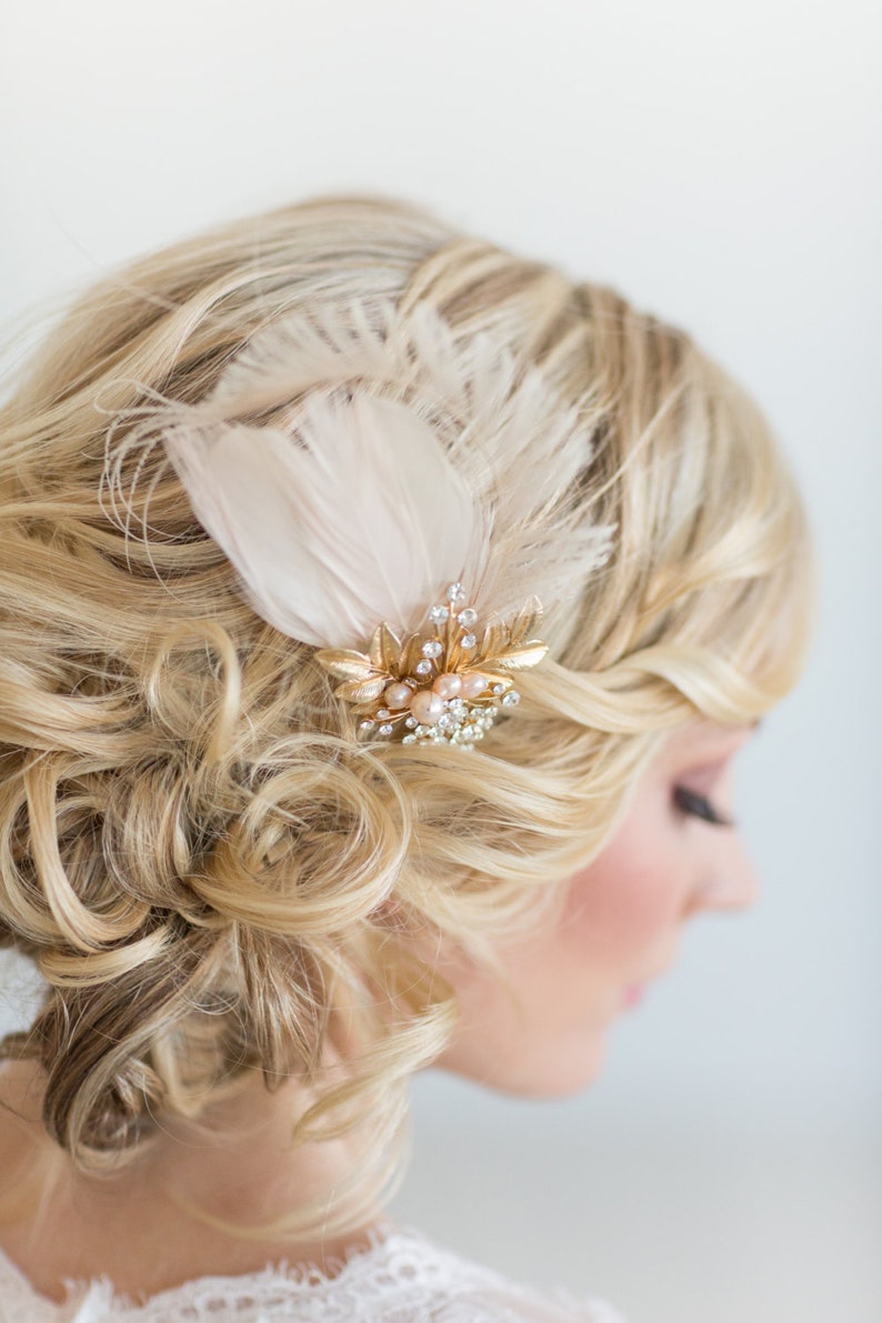 Bridal Gold Blush Pink Feather Headpiece, Champagne Wedding Feather Fascinator, Wedding Feather Hairpiece image 2